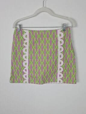 Pink and Green Patterned Mini Skort with White Trim